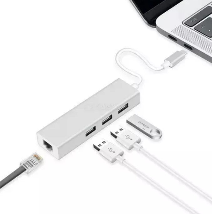 Hub Tipo C A Rj45 Lan + 3 Puertos Usb 2.0 Para Mac