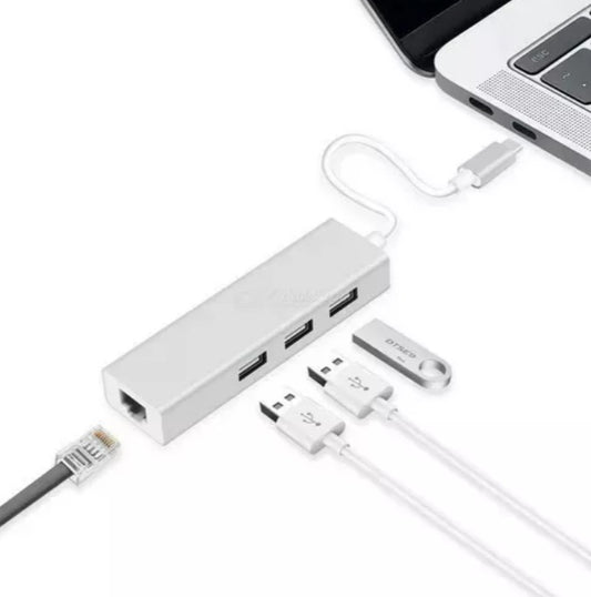 Hub Tipo C A Rj45 Lan + 3 Puertos Usb 2.0 Para Mac